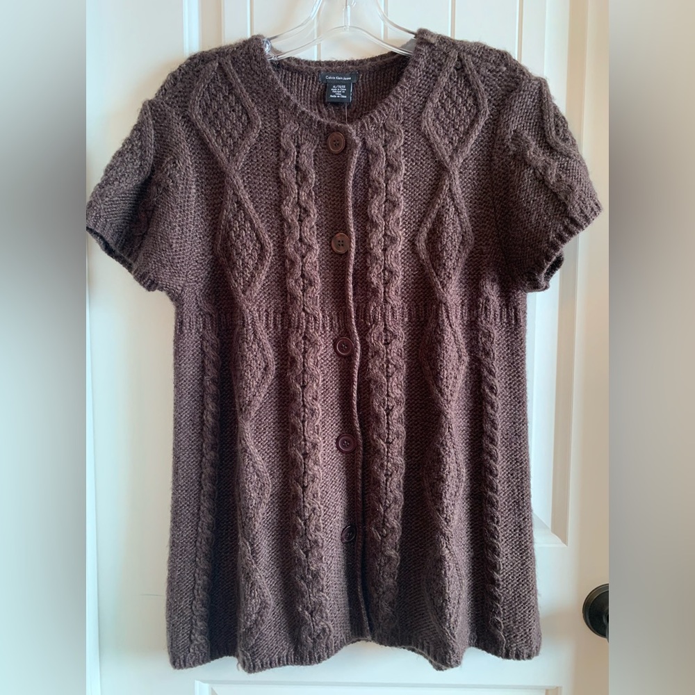 Calvin Klein Jeans, Womans Cardigan Sweater, Short Sleeves, Cable-Knit, Brown XL